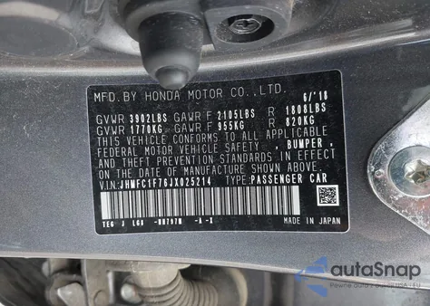 2018 Honda Civic Ex-L z USA, uszkodzony, nr VIN JHMFC1F76JX025214